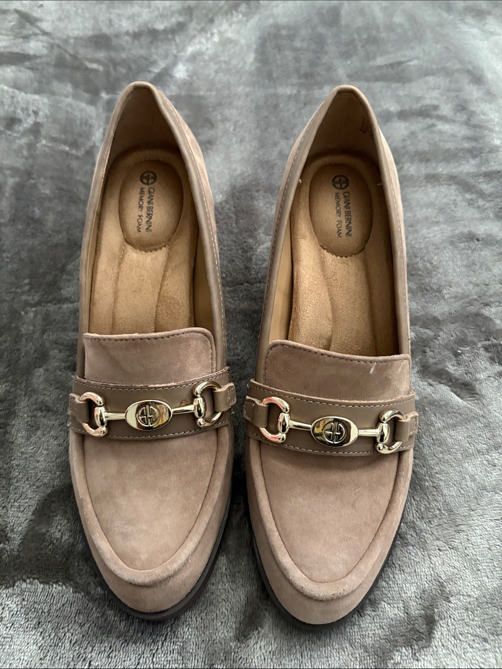 Gianni Bini Taupe Suede Loafers with Gold Horsebit
